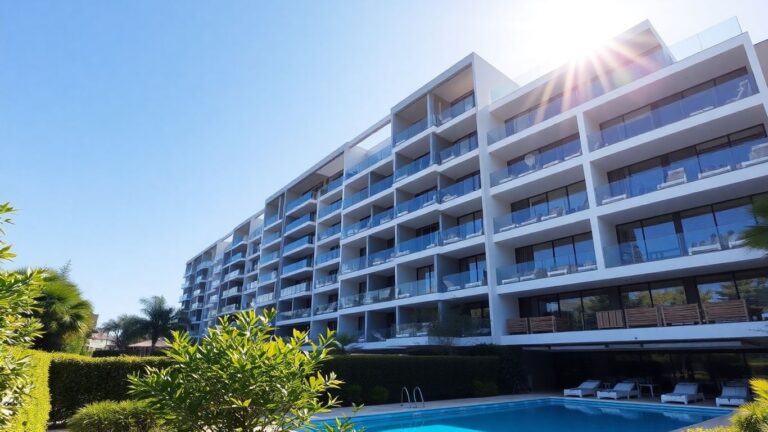 Luxury apartment building with pool and gardens.